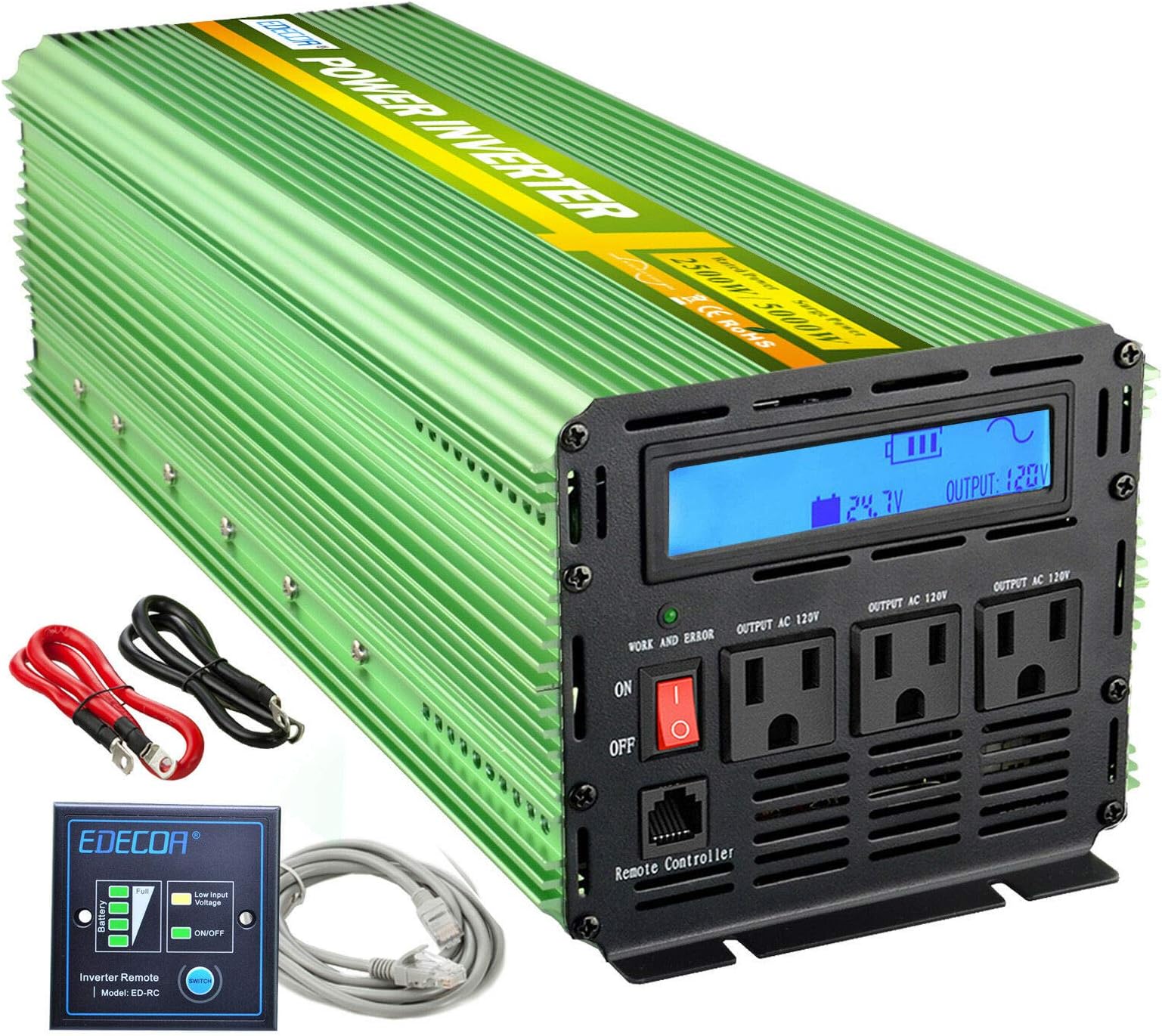 EDECOA 2500 Watt 2000w 24v Power Inverter Pure Sine Wave DC 24V to 110V 120V Ac Power Inverter with Remote Control for Truck