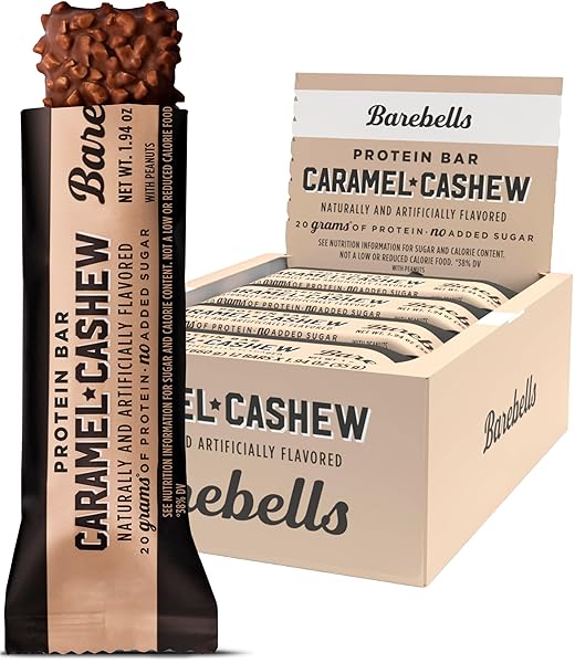 BAREBELLS PROTEIN BARS CARAMEL CASHEW – 12 COUNT, 20G HIGH PROTEIN TREATS – CHOCOLATE NUTRITION BAR WITH 1G TOTAL SUGARS – ON-THE-GO BREAKFAST OR POST-WORKOUT SNACK