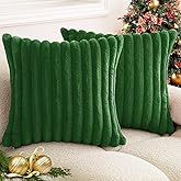 BAOLIZEGAO Christmas Dark Green Faux Fur Plush Throw Pillow Covers 18x18 Set of 2 Fuzzy Striped Soft Cozy Pillowcase Luxury Decorative Pillows Square Fluffy Cushion Covers for Couch Sofa Bed