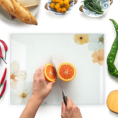 Kitchenville Glass Chopping Board 40x30cm Tempered Heat Resistant Floral