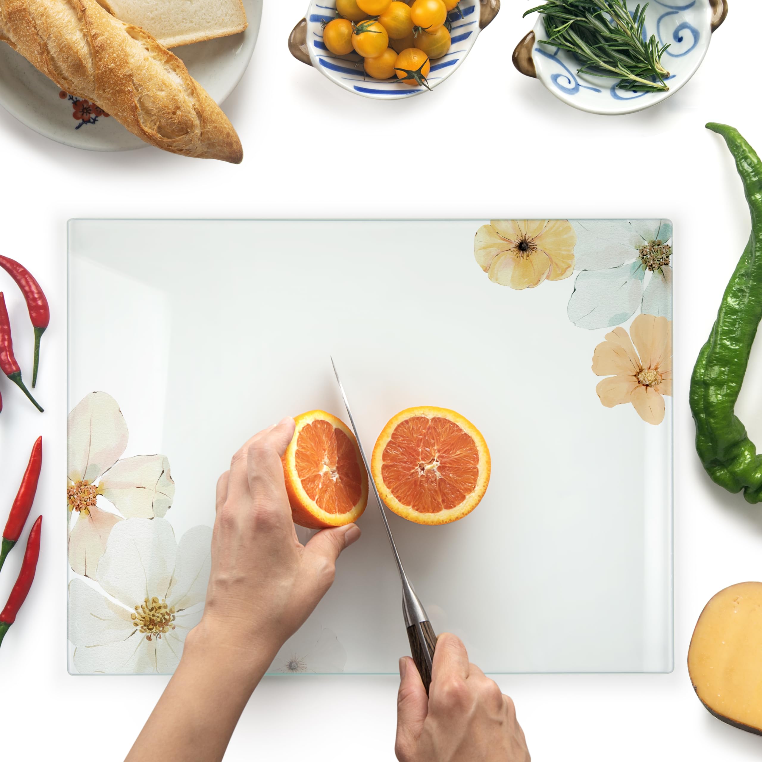 Kitchenville Glass Chopping Board 40x30cm : Tempered Glass Worktop Savers for Kitchens, Durable, Scratch-Resistant, Heat-Proof - Floral Design