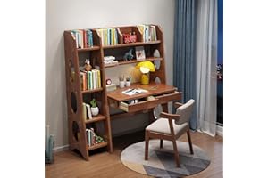 BALANBO Kid's Desk Kid's Table and Chair Set with Drawers and Bookshelf Wooden Kid's Media Desk Student Learning Computer Workstation and Writing Desk (Brown)