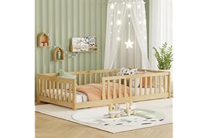 Mirightone Twin Size Floor Bed for Kids, Wood Montessori Floor Beds with Fence Railings and Slats Support, Twin Playhouse Bed Frame for Boys Girls, No Box Spring Needed, Natural