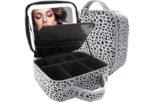 MOMIRA Makeup Bag with Mirror and Light Travel Makeup Train Case Cosmetic Organizer Portable Artist Storage Bag with Adjustable Dividers Makeup Brushes Storage Organizer Leopard-White