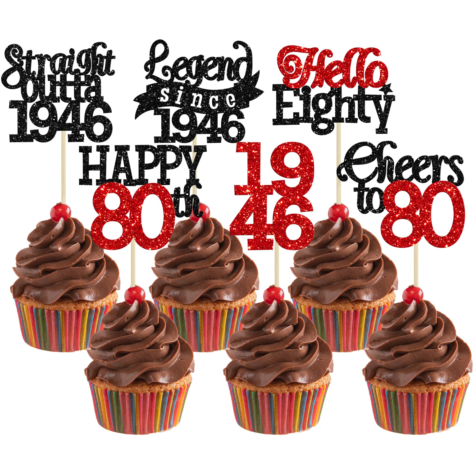 Gyufise 24Pcs Happy 80th Birthday Cupcake Toppers Hello Eighty Legend Since 1946 Cupcake Picks Cheers to 80 Years Cake Decorations for 80th Birthday Anniversary Party Supplies Black Red