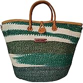 Evergreen Spirit Holiday Basket Handwoven Sisal Straw Basket Tote with Leather Handles and Button Closure, Large Straw Purse Perfect for Travel, Handmade Summer Beach Tote Handbag, lunch bag for Women