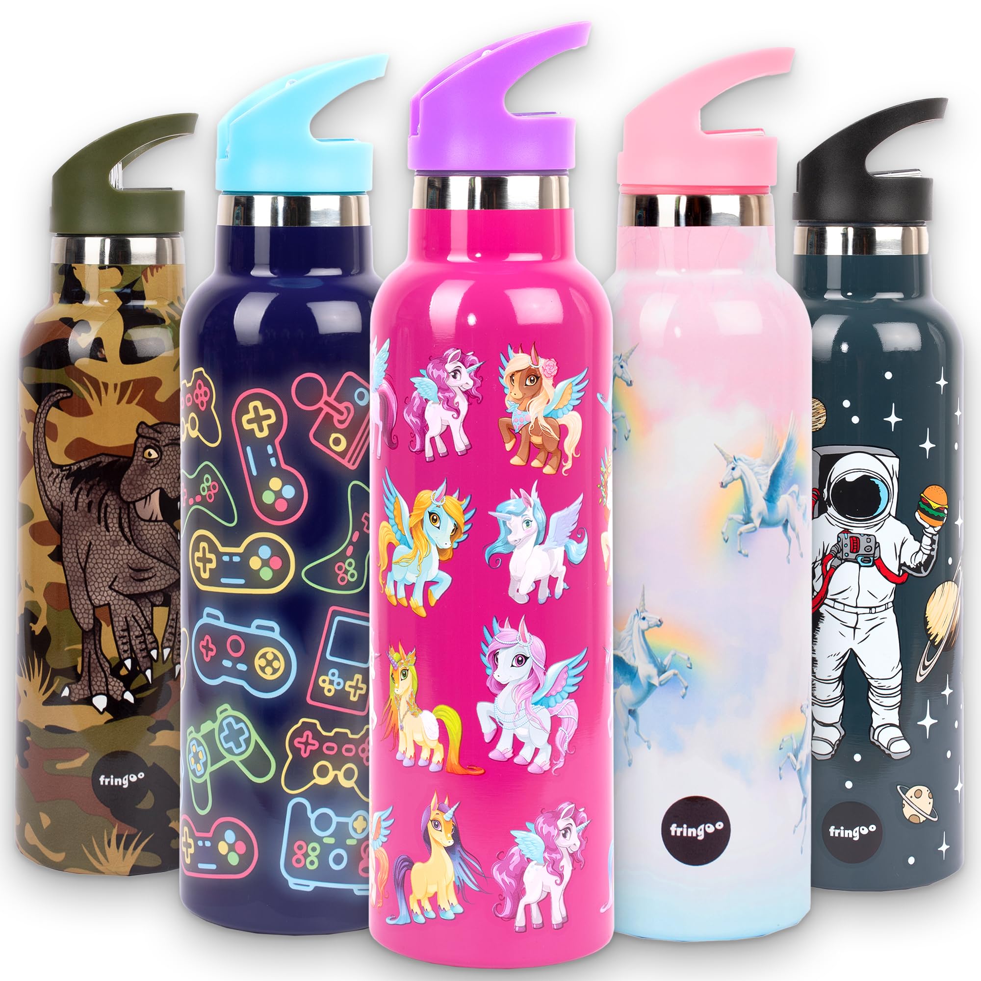 Fringoo - Magic Unicorn 600ml Kids Stainless Steel Insulated Water Bottle with Straw - Keeps Drinks Hot/Cold Up to 10 Hours
