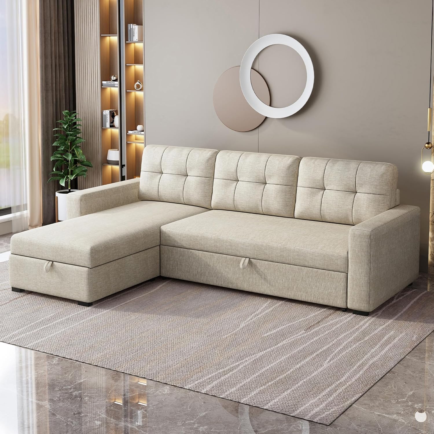 Photo 1 of ***Multiple Boxes*** Ball & Cast Convertible Sofa Bed with Reversible Storage Chaise,Linen Sleeper Sofa Couch L Shaped Pull Out Couch Bed,Small Corner Sectional Sofa Couches for Living Room,Beige