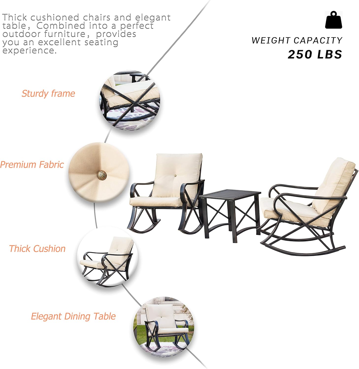 LOKATSE HOME 3 Piece Patio Outdoor Rocking Chair Bistro Sets with Coffee Table, Khaki: Garden & Outdoor