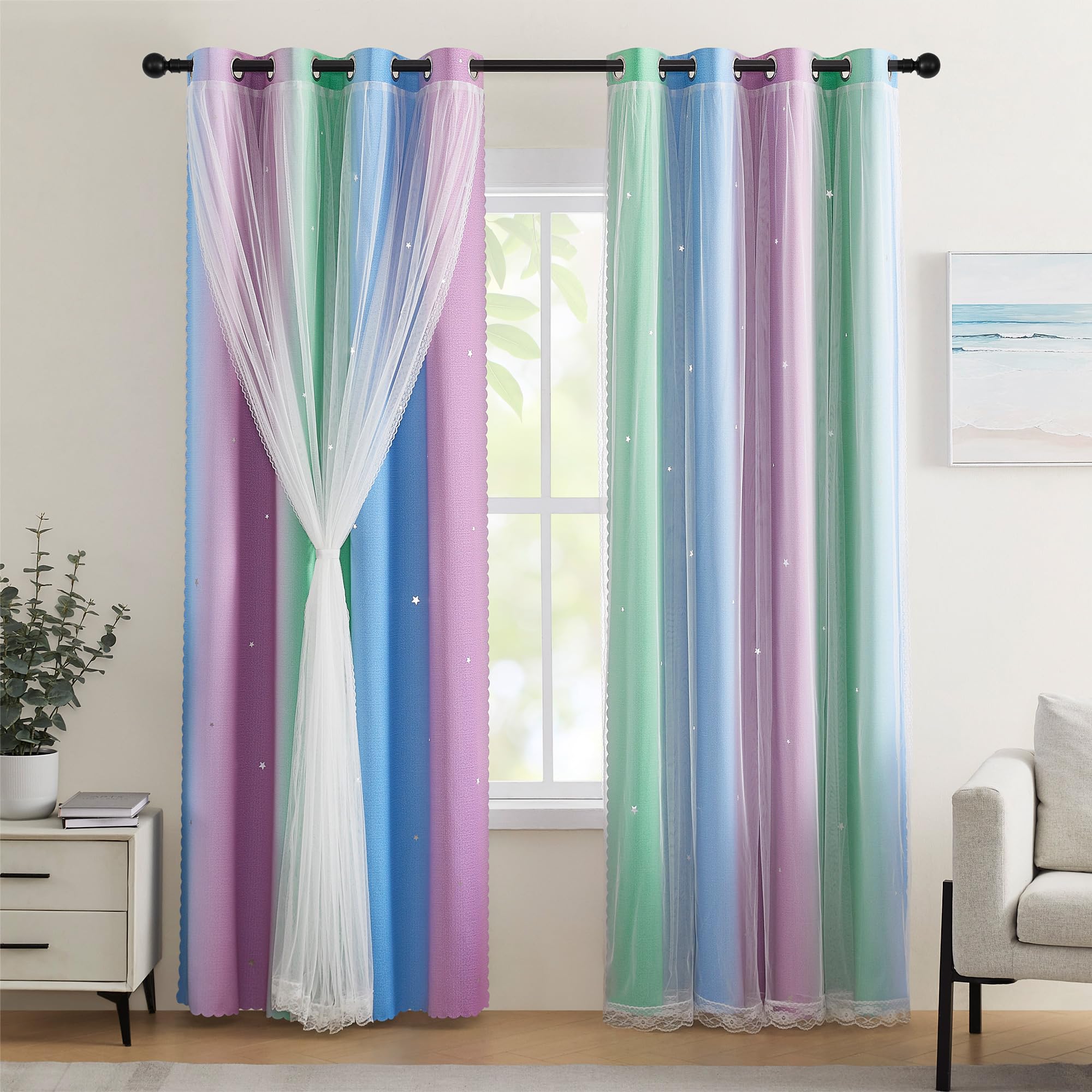 XiDi Blackout Curtains for Girls Bedroom Decor 54 inches Long Window Curtains Colorful Rainbow Design 2 Panel, Kids Room Unicorn Princess Theme Home Decor Ombre Drapes Green Purple Blue W34 X L54 Image