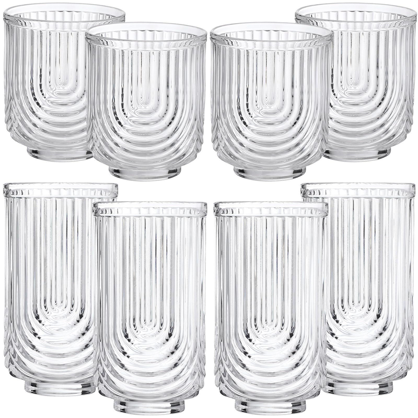 Photo 1 of Vesici 8 Pieces Drinking Glasses Cocktail Glasses Arch Design Highball Ribbed Glassware Vintage Cups Ripple Aesthetic Tumblers for Whiskey Water Beverages Ice Coffee Juice Milk, 14 oz and 12 oz