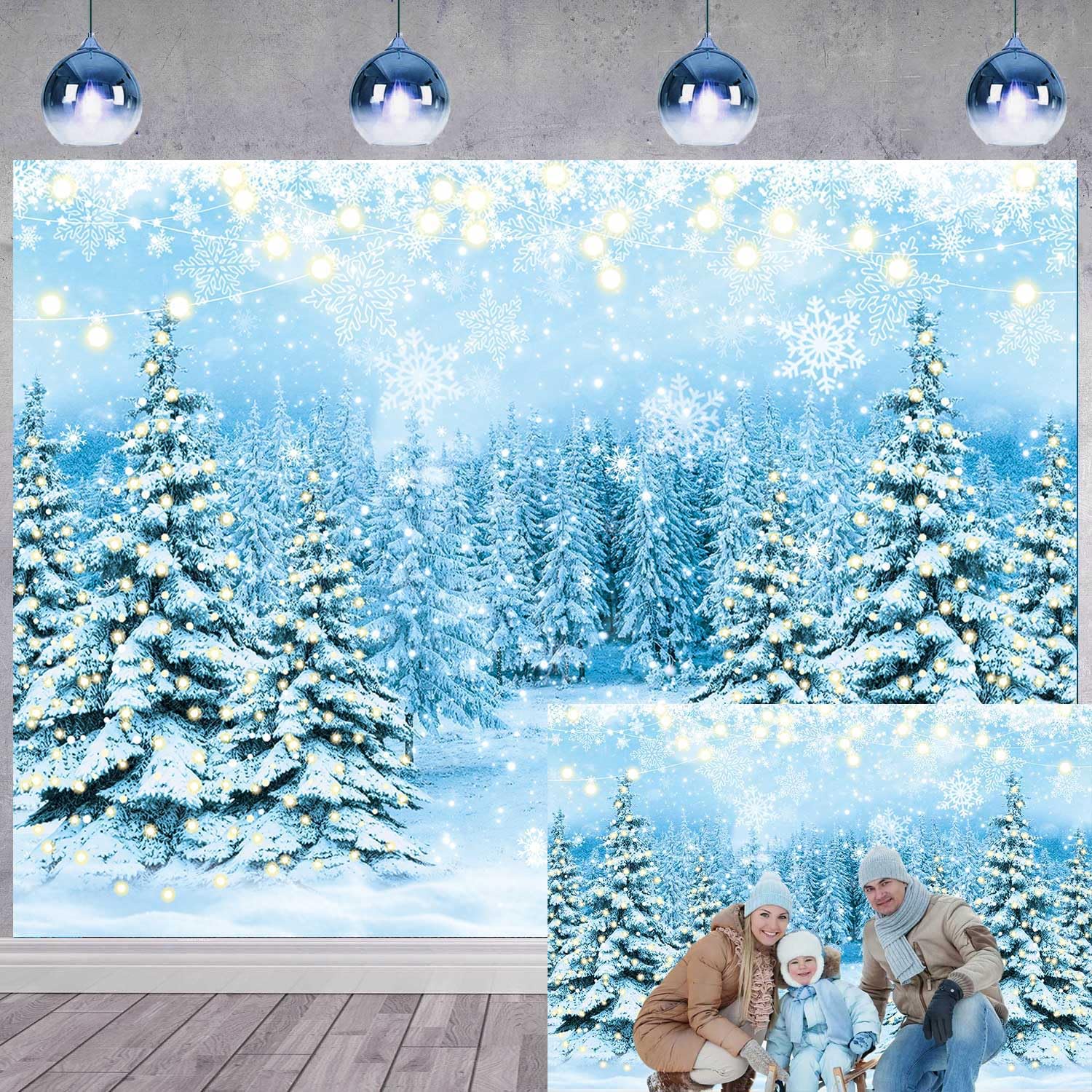 Winter Forest Backdrop Snowy Christmas Pine Tree Halo Spots Photography Background Blue Wonderland Snowflake Scene Party Decor Banner (10x8FT: 120x96 inch)