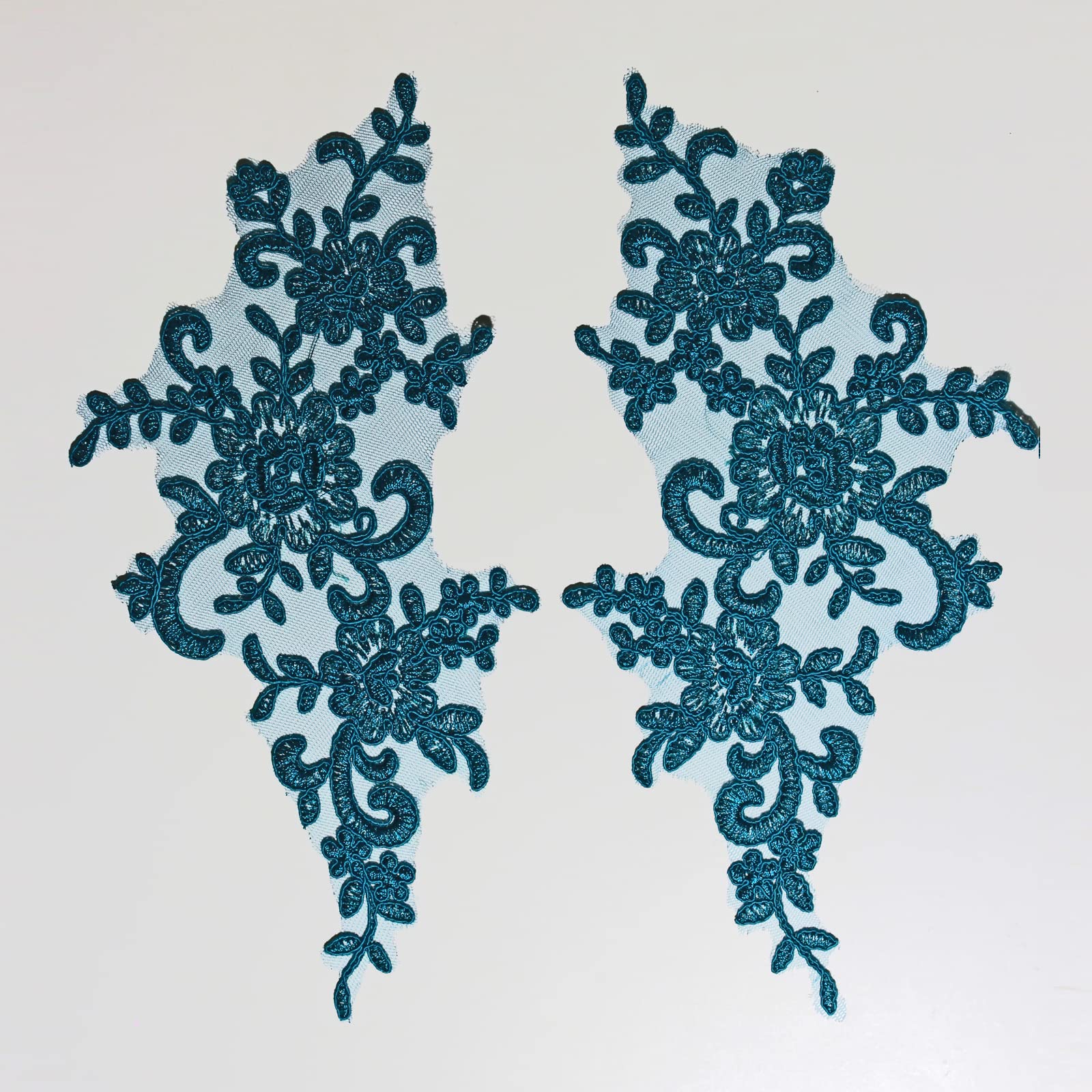 4 X Corded Embroidery Floral Lace Applique Wedding Motif Sew On Size: 25 cm x 12 cm :#39A (Teal)