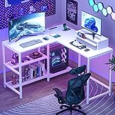 VEELOK L Shaped Desk with Power Outlets, Wood Computer Desk with Monitor Stand and Storage Shelves, Gaming Desk, Office Desk,