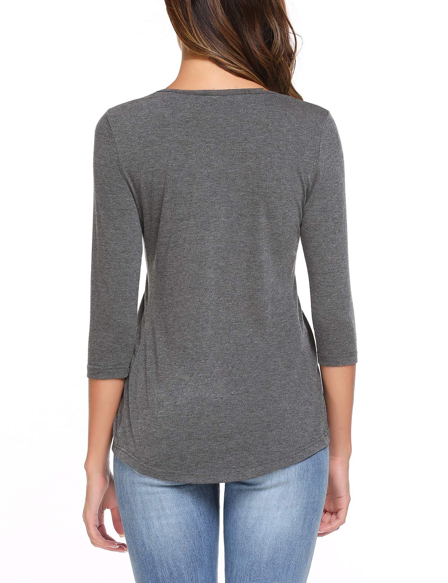 Women Shirring Drape Front Blouse Vogue Scoop Neck Wide Hem Design Top Shirt Grey/L