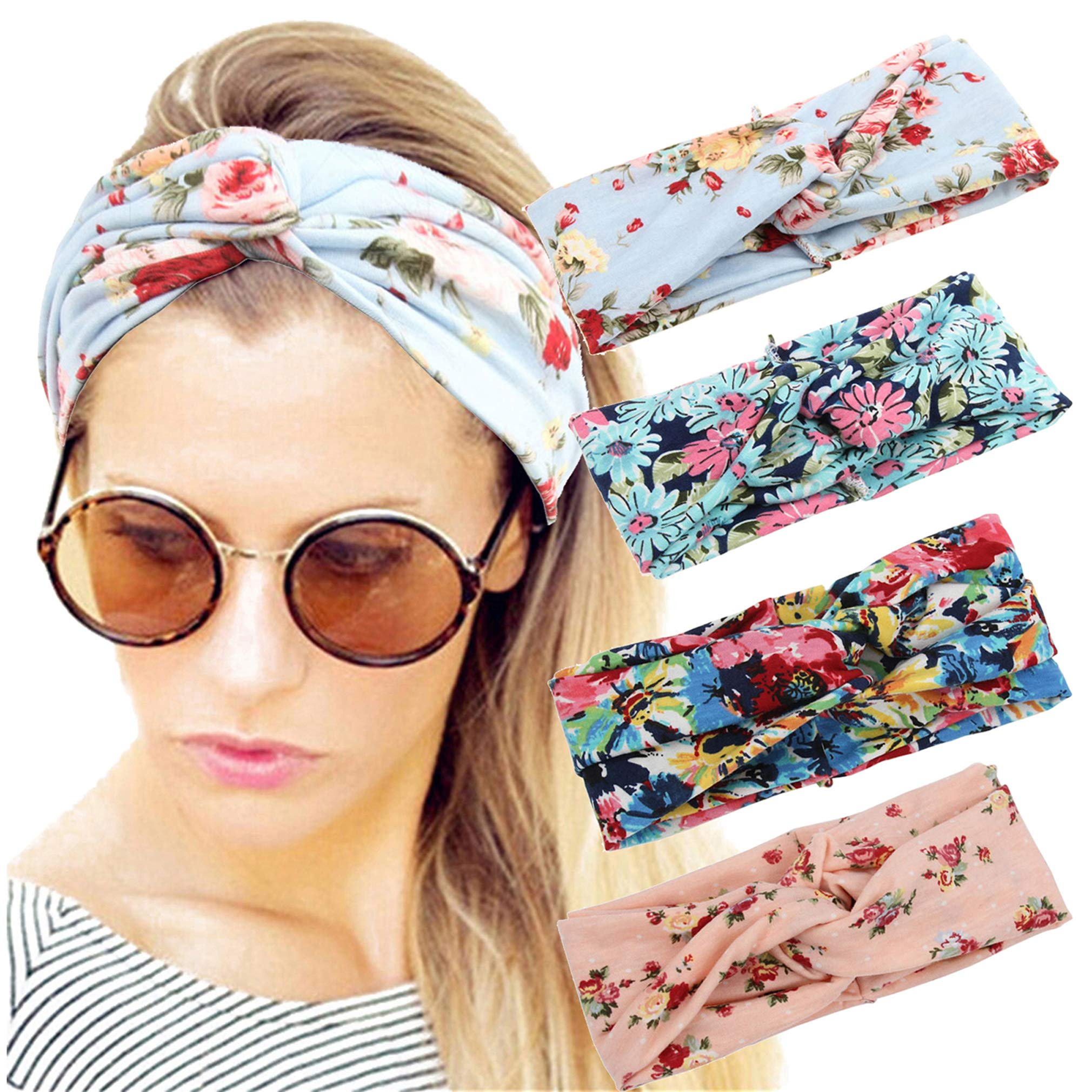 ELACUCOS Women's 4 Pack Headband Boho Floal Style Criss Cross Head Wrap Hair Band