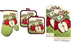 POPULAR BATH Kitchen Collection 5-Piece Kitchen Linen Set, Set of 1 Oven Mitt, 2 Pot Holders and 2 Kitchen Towels, Value Pack Perfect for Gift, Great for Combining Fun and Color Into The Kitchen (Sliced Apples)