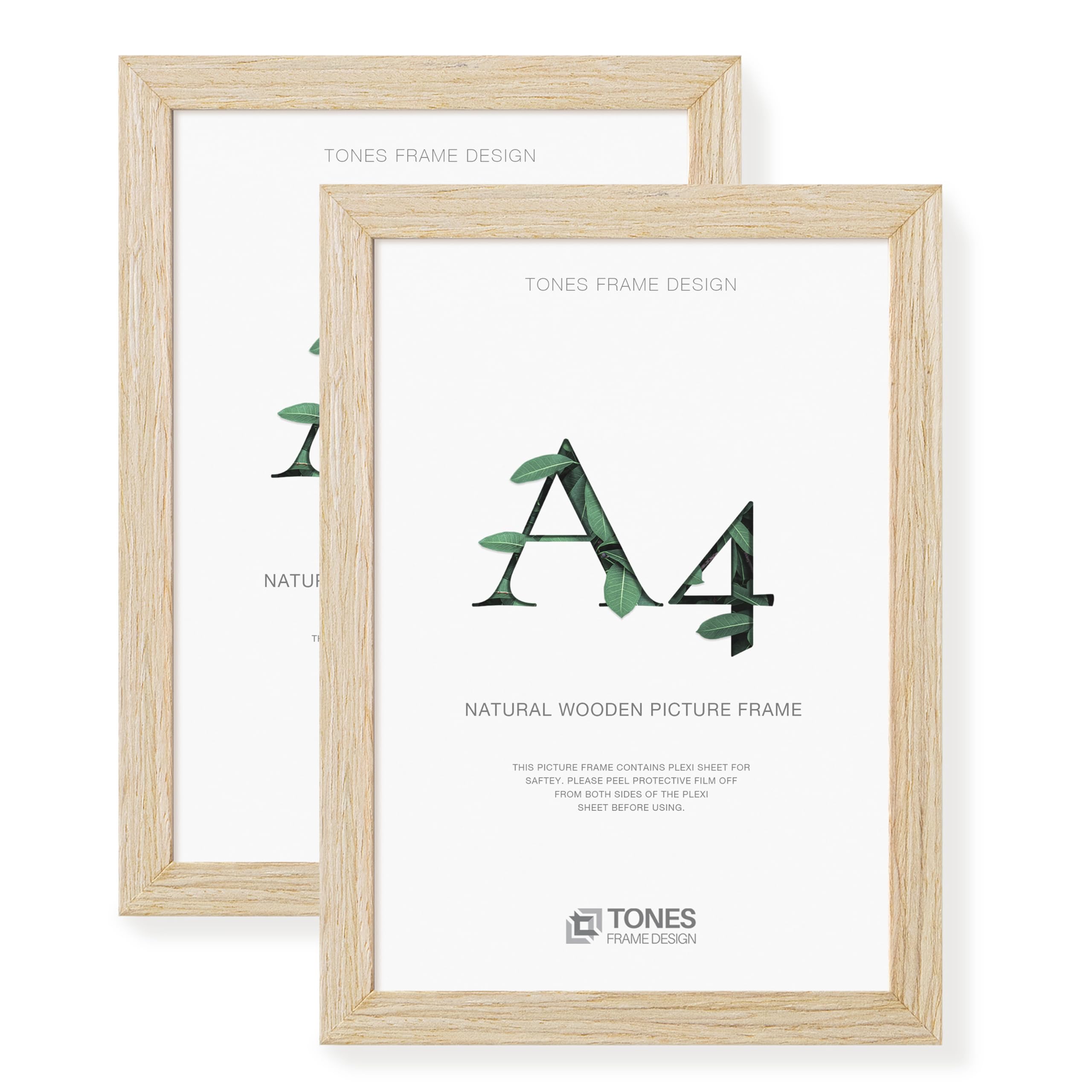 TONES FRAME DESIGN A4 Frame, 2-Pack, 21 x 29.7 cm Wooden Picture Frames with Natural Wood Veneer, Shatter-Resistant Plexiglass, Wall Frames for Portrait or Landscape, Certificates, Prints, Photographs