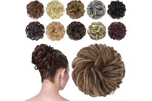 FESHFEN Messy Bun Hair Piece - Elastic Wavy Curly Hair Bun Scrunchies Extensions Synthetic Chignon Hairpieces for Women Girls, Brown Mixed Honey Blonde 1.5 oz