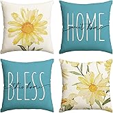 AVOIN colorlife Home Sweet Home Spring Summer Flowers Yellow Throw Pillow Covers, 18 x 18 Inch Blue Cushion Case for Sofa Couch Set of 4