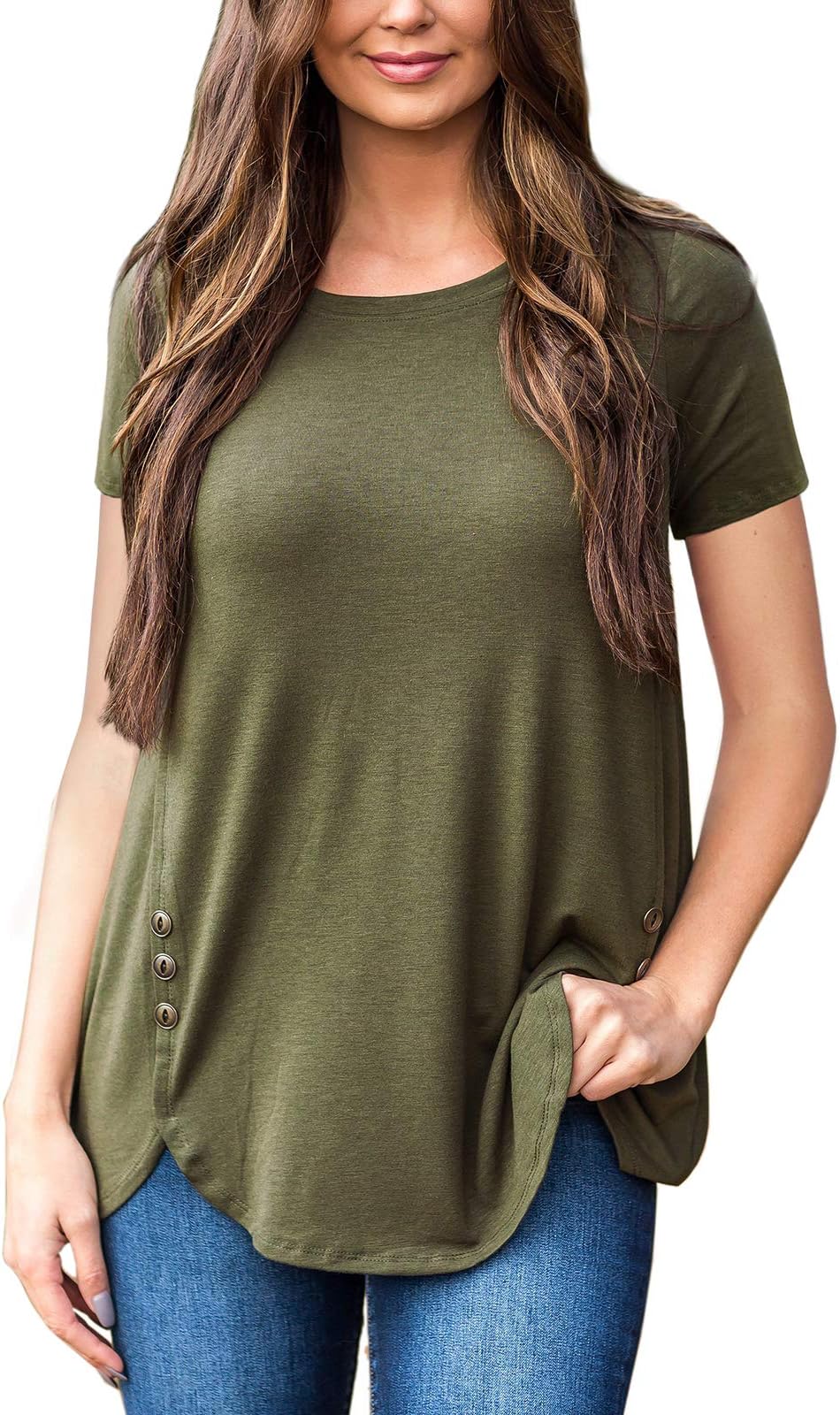 Fanfly Short Sleeve Tshirt Tops for Women Button Side Flowy Plus Size Top