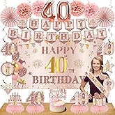 Eucutur 42PCS 40th Birthday Decoration Kit for Women, Pink Rose Gold Happy 40th Bday Banner Balloons Honeycomb Centerpiece Swirl Paper Pompoms Party Supplies, 40 Bday Sash Table Cake Topper Swirls Set