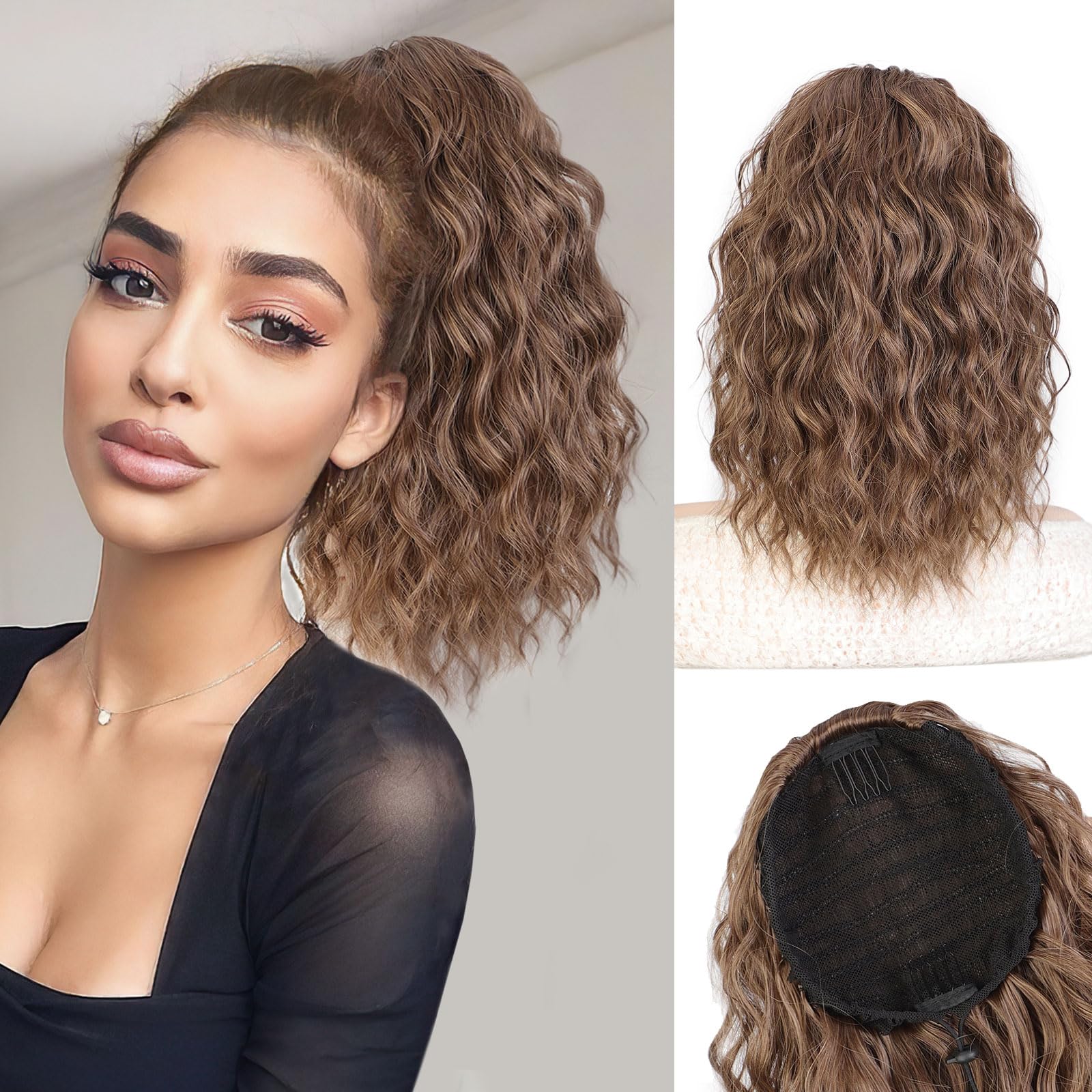 Photo 1 of QGZ Ponytail Extension,Drawstring Ponytail for Women 14 Inch Synthetic short Curly Wavy Lightweight Layered Pony Tails Hair Extensions Clip in Ponytail Hairpiece for Women(Medium Brown)