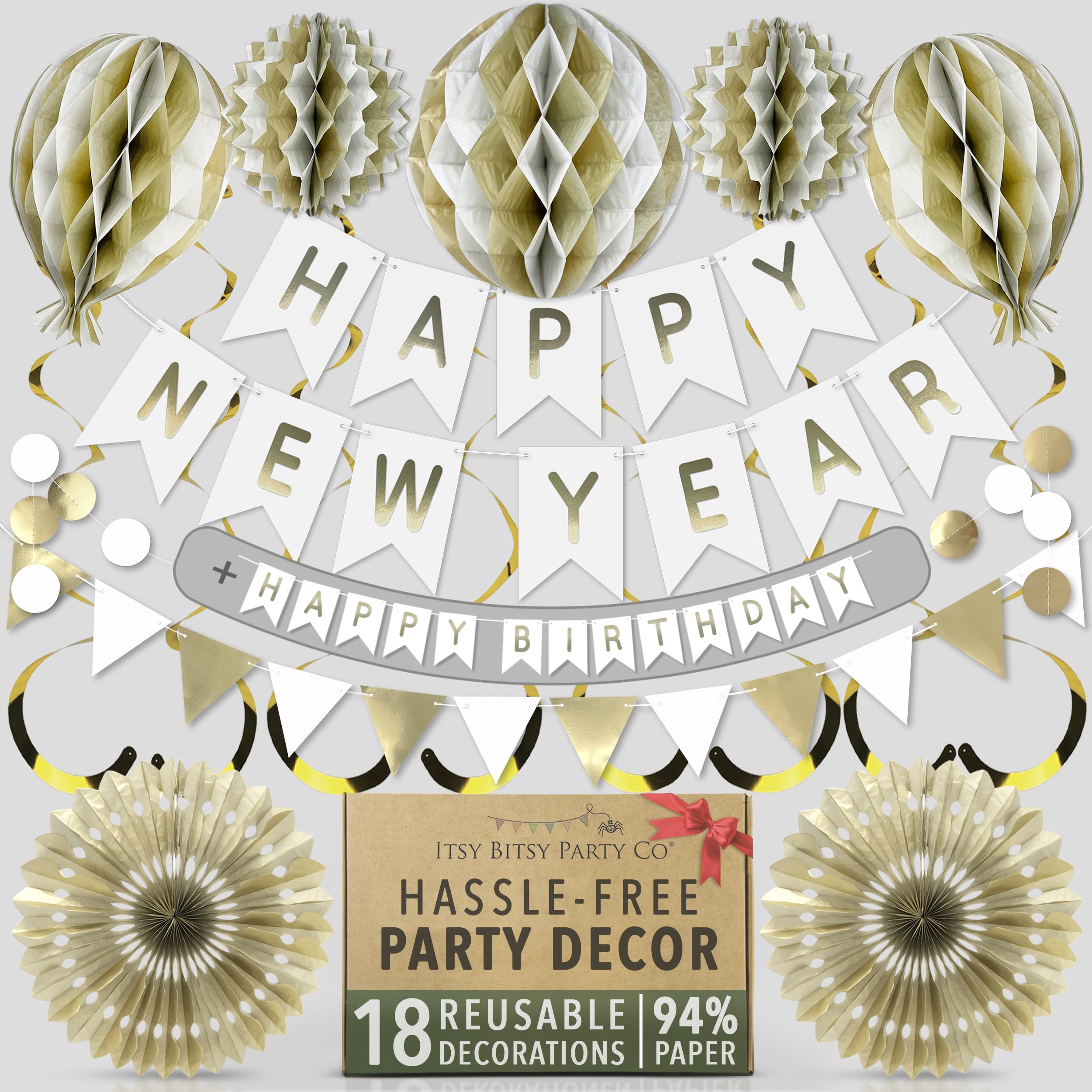 Premium Reusable Birthday Decorations - Multi-occasion Happy Birthday Banner also spells Party Day + more, Fast Assembly with Velcro - White and Gold Party Decorations for Men and Women