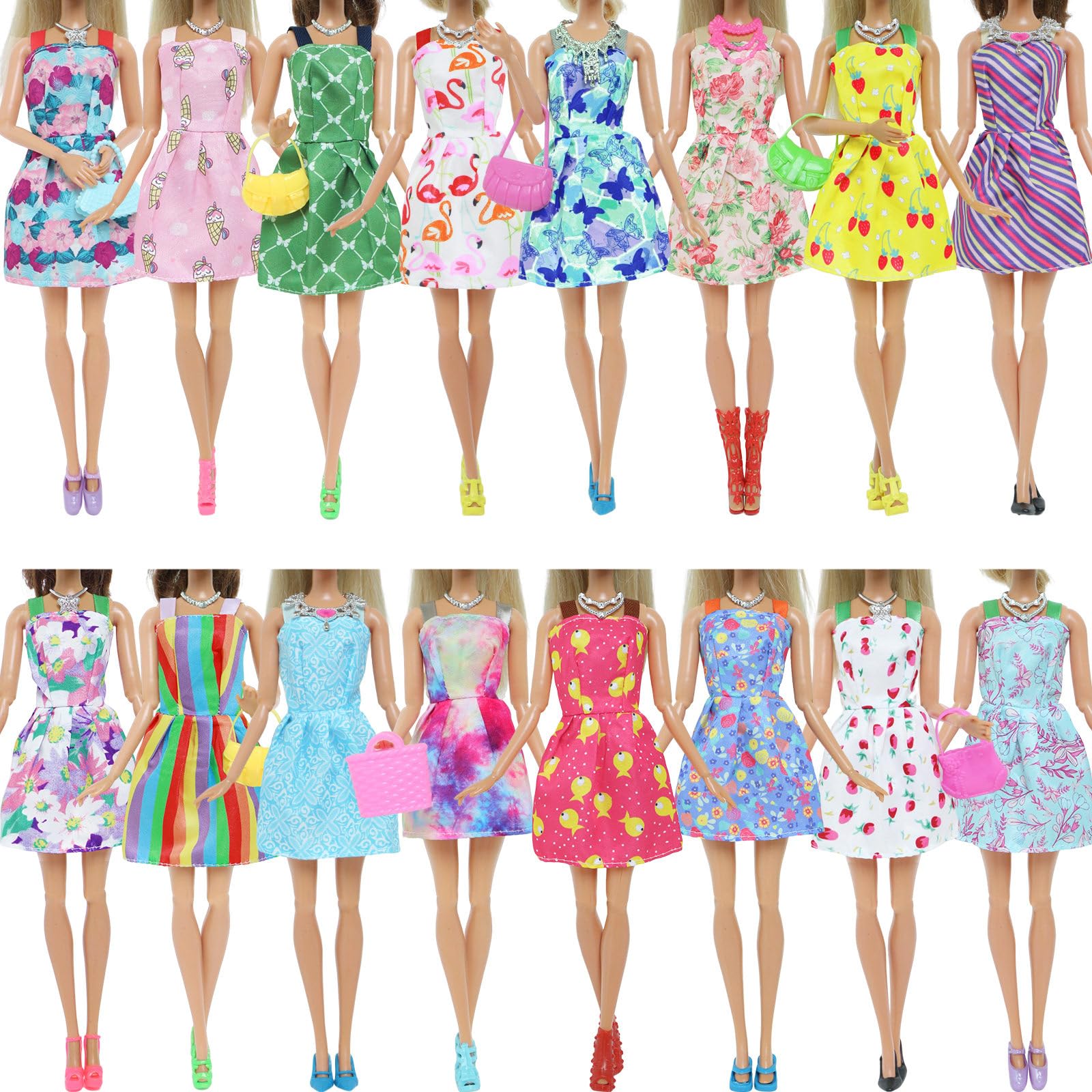 BJDBUS 42 pcs Doll Clothes and Accessories Including 10 pcs Fashion Mini Dresses 32 pcs Shoes, Glasses, Necklaces, Handbag, Hangers Accessories for 11.5 Inch Girl Doll