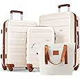 Merax Expandable Hardside Luggage Spinner Wheel Suitcase TSA Lock Suit Case, Brown and Ivory, 4-Piece Set