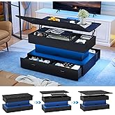 Turosur 40"" Lift Top Coffee Table, Multi-Function with LED, Storage, 4 Drawers &amp; Hidden Compartment Converts to Dining Table for Living Room Home Office, Black