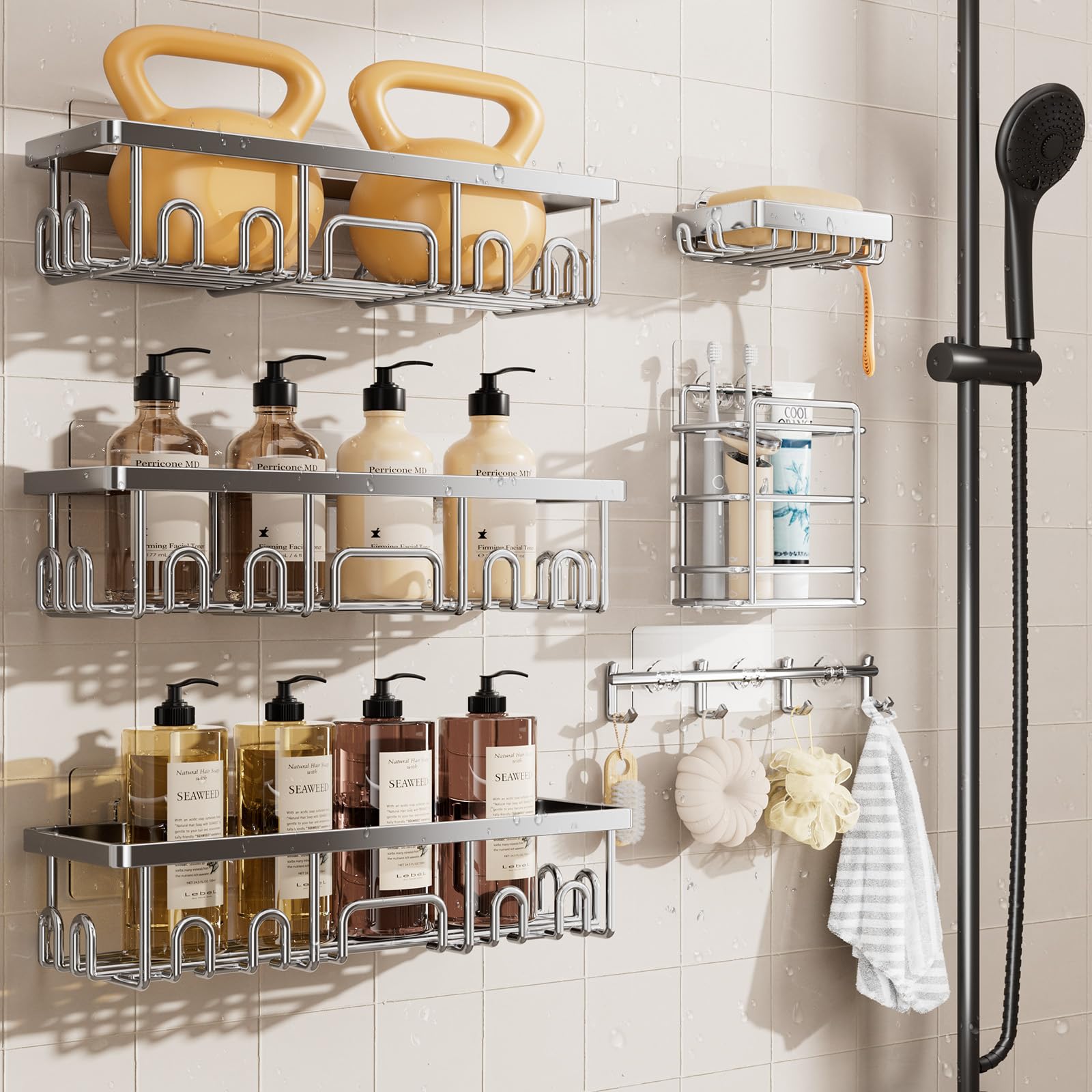 Veken Shower Caddy 6-Pack, Advanced Rustproof Design, No Drilling Adhesive Shelves, Rack with Soap Holder, Large Capacity Bathroom Organizers and Storage, Wall-Mounted Kitchen & Home Decor, Silver Image