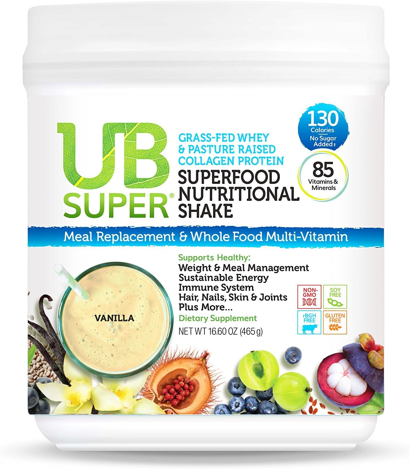 UB Super Protein Superfood Nutritional Shake - Probiotic Dietary Supplement - Grass Fed Whey/Collagen (Vanilla)