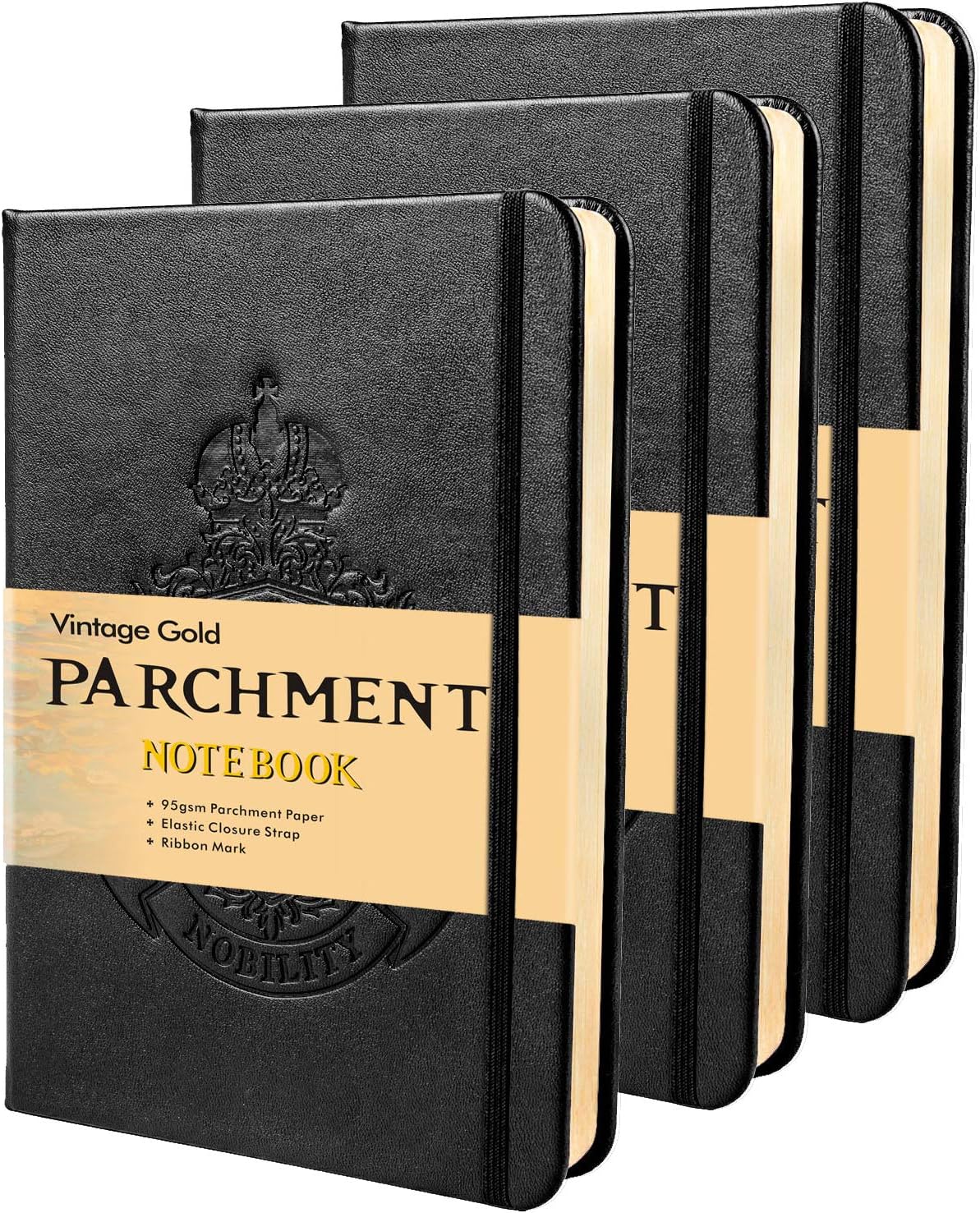 Shemist Blank Hardcover Executive Notebooks, Natural Parchment Paper, Acid-Free and Lignin-Free Material Allows for Paper to be Archived, Leather Journal (Vintage Gold (Black) 3)