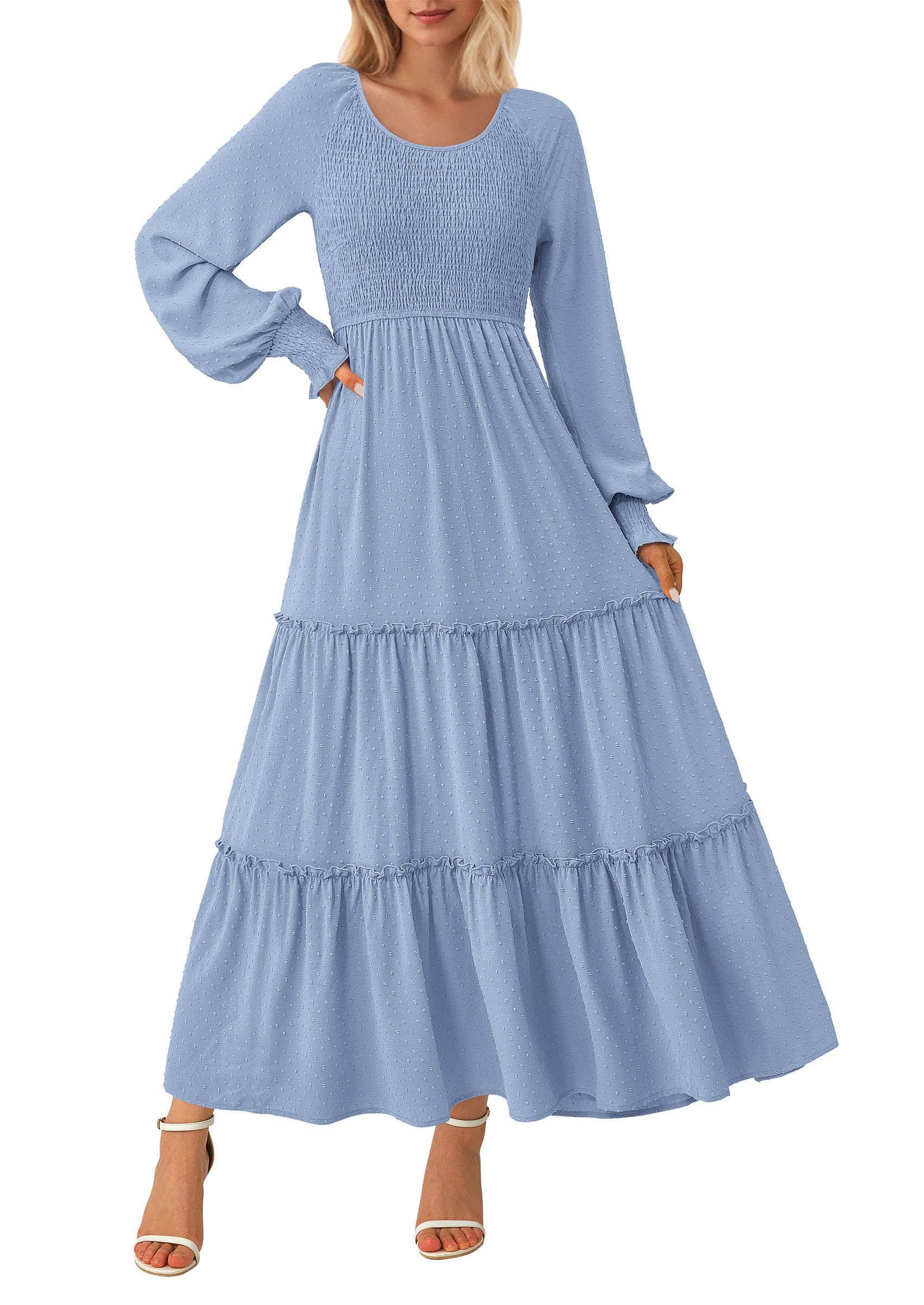 Photo 1 of PRETTYGARDEN Women's Smocked Maxi Dress 2025 Fall Casual Long Sleeve Swiss Dot Ruffle Long Flowy Wedding Guest Dresses (Grey Blue,Large)