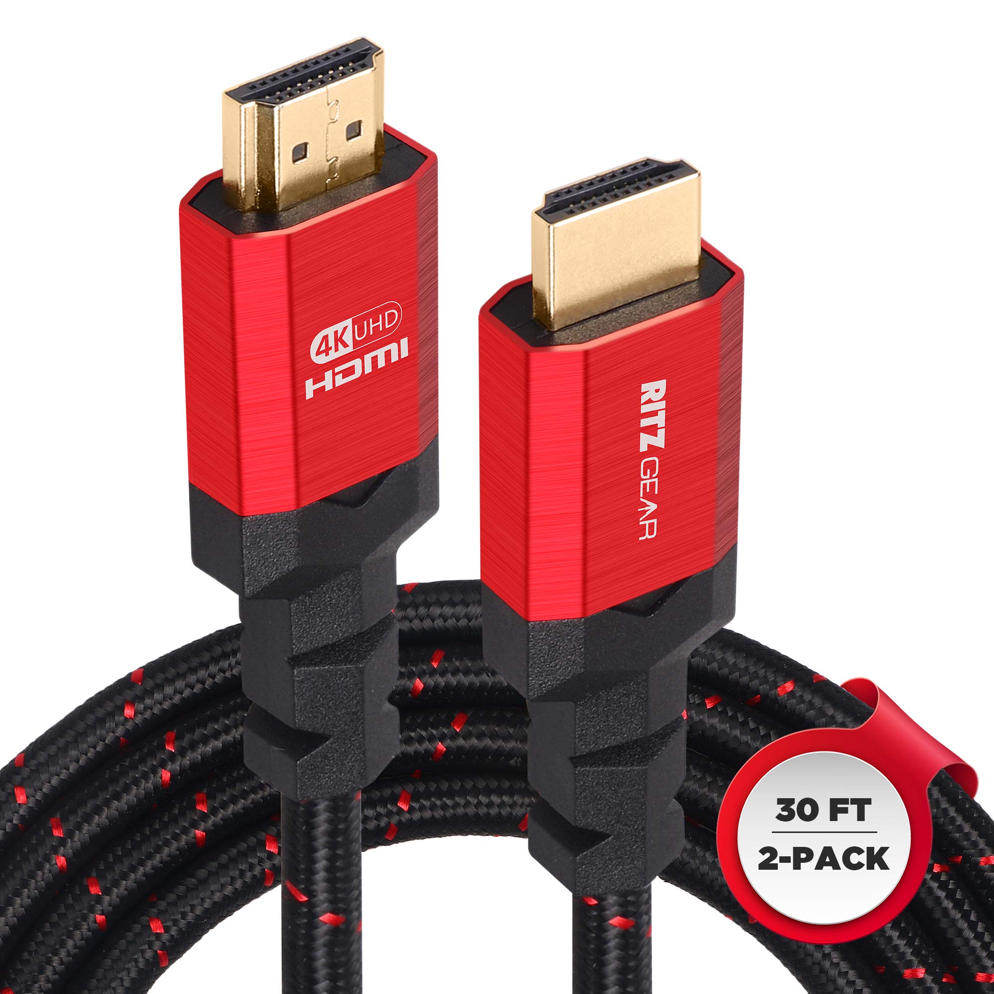 Ritz Gear 4K HDMI Cable 30 ft [2 Pack] Braided Nylon Cord & Gold Connectors, High Speed HDMI 2.0 with Ethernet, Compatible with PS5, PS4, PS3, Xbox, Roku, Apple TV, HDTV, Blu-ray, Laptop, PC, Monitor