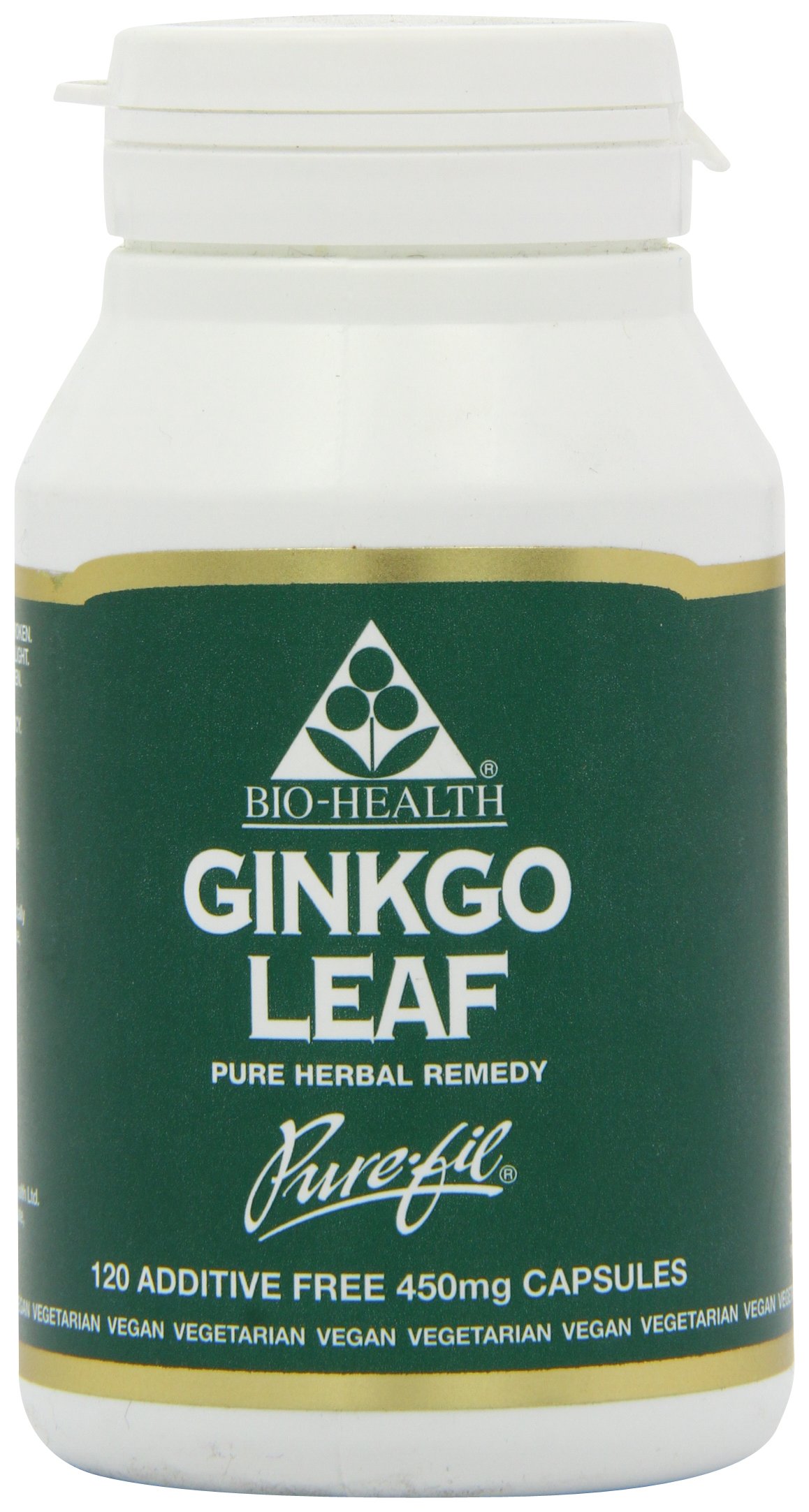 Bio-Health Ginkgo Leaf 450mg Pure Herbal Food Supplement, Supports Blood Circulation, Mental Performance and Boosts Energy Suitable for Vegetarians and Vegans, Additive Free, 120 Capsules