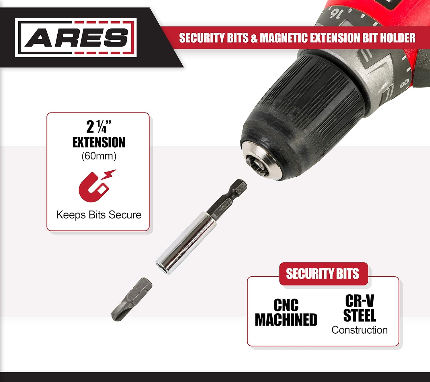 ARES 70009-33-Piece Security Bit Set with Magnetic Extension Bit Holder - Includes Tamper Resistant, SAE Hex, Metric Hex and Star Bits - Torq, Spanner, and Triwing Complete the Anti Tamper Bit Set - - 