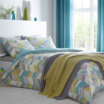 Just Contempo Geometric Chevron Duvet Cover Set Teal Blue Grey