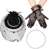 3 Pcs Halloween Fascinator Hat for Women Tea Party 20s 50s Derby Hat with Veil Feather Funeral Headpiece Lace Gloves Necklace