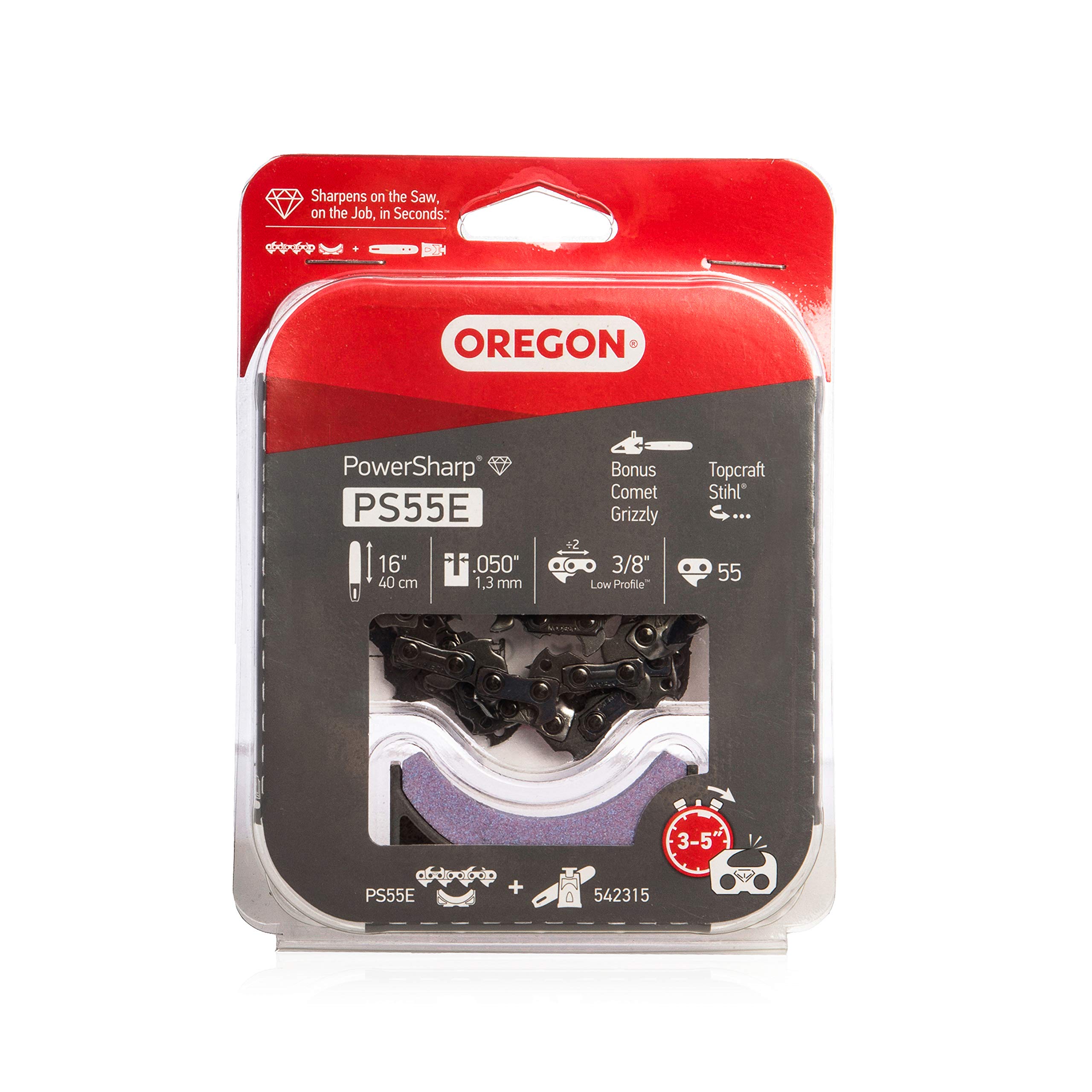 Oregon PS55E PowerSharp Chainsaw Chain with Sharpening Stone, 55 Drive Links - Packaging May Vary