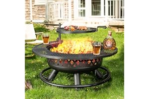 Panovue 36 Inch Fire Pit with Grill,Wood Burning Fire Pits for Outside with Lid& Fire Poker,Round Metal Firepit Table 3 in 1 with Cooking Grate,Outdoor Firepits for Yard Patio Bonfire Camping(Black)