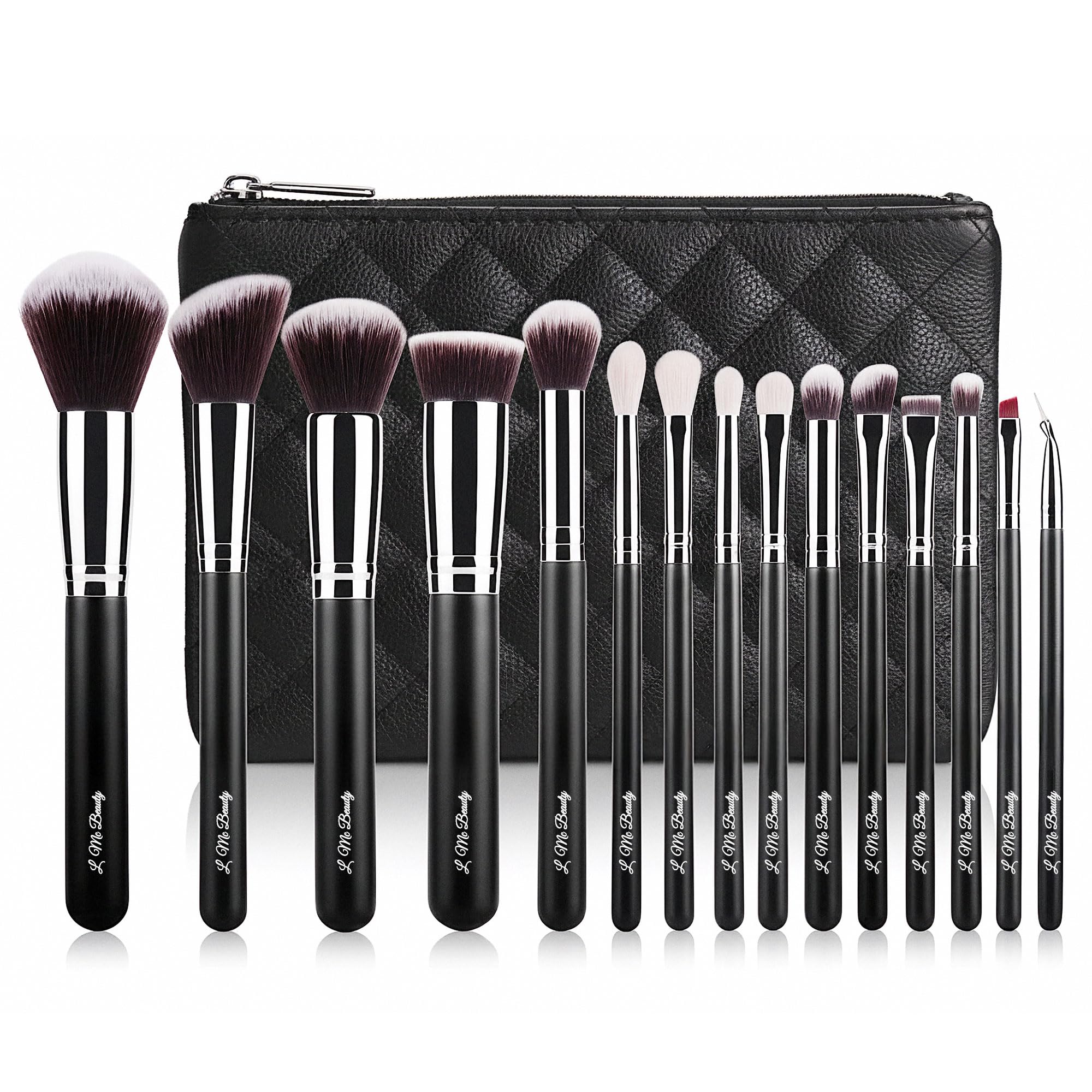 15pc Makeup Brush Set, Black & Silver with Black Bag