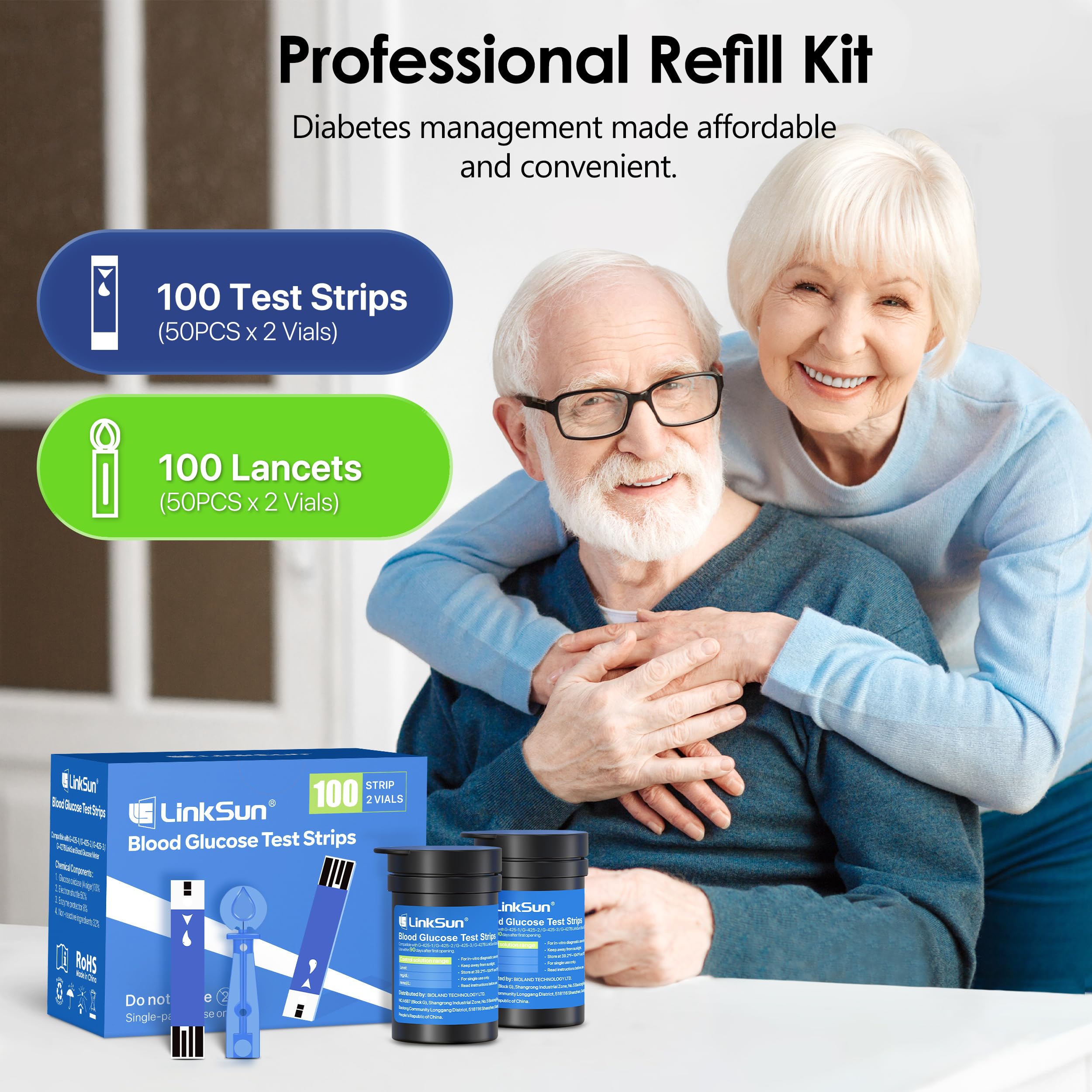 LinkSun G-425-2V Blood Glucose Monitor Kit, 100 Test Strips, 100 Lancets, High Accuracy Blood Sugar Monitor, Lancing Device, Control Solution & Travel Diabetic Organizer Bag, Large Display, No Coding