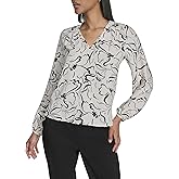 HALSTON Womens Long Sleeve V-Neck Printed Top