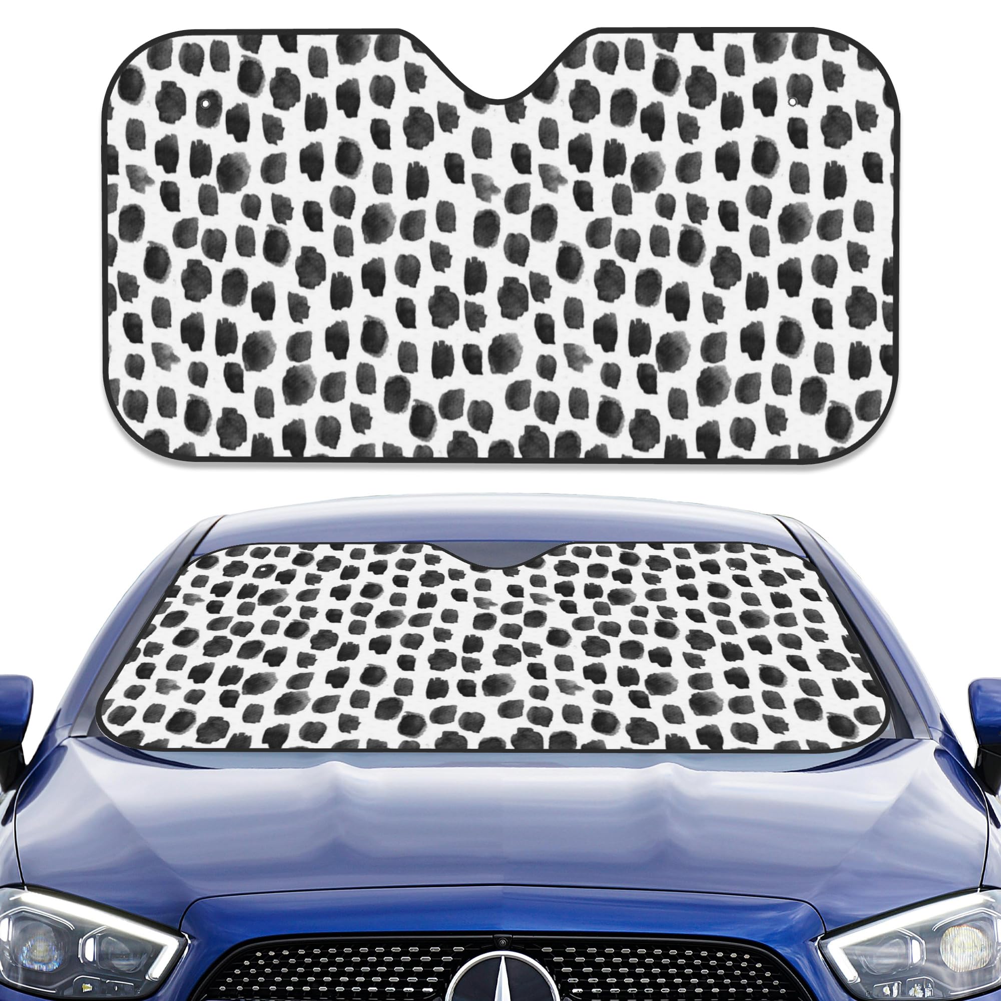Photo 1 of Uiaoiais Car Windshield Sun Shade, Black White Watercolor Dots Front Windshield Sun Shade, Sun Heat UV Rays Visor Protector for Truck SUV, 56 x 28 Inch, AAA1A-A7