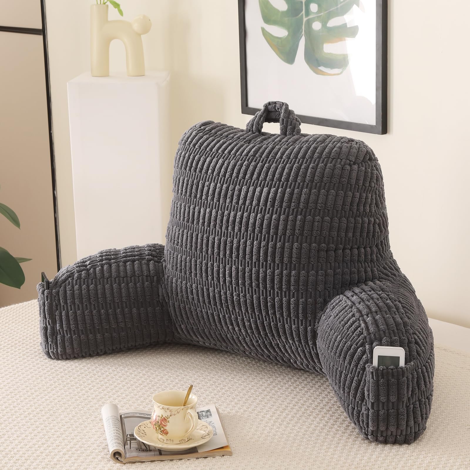 Photo 1 of PAJEO Reading Pillow for Bed,Large Backrest Reading Pillow with Arm Rest,Back Rest Support Cushion for Sit Up on Couch,Sofa,and Floor(Grey Corduroy,Standard(17"))
