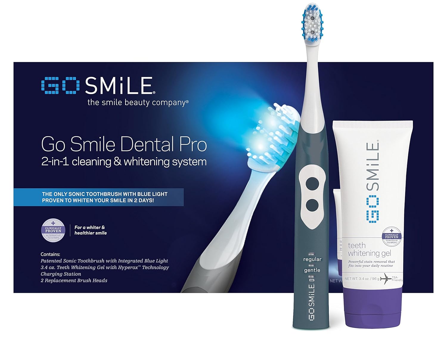 Go Smile Premium 2-In-1 Teeth Whitening System: Electric Tooth Brush+Teeth Whitening Gel For Healthier & Brighter Teeth | Instant Results, Safe On Dental Work, Crowns, Veneers, Bonding+More (Silver) : Beauty