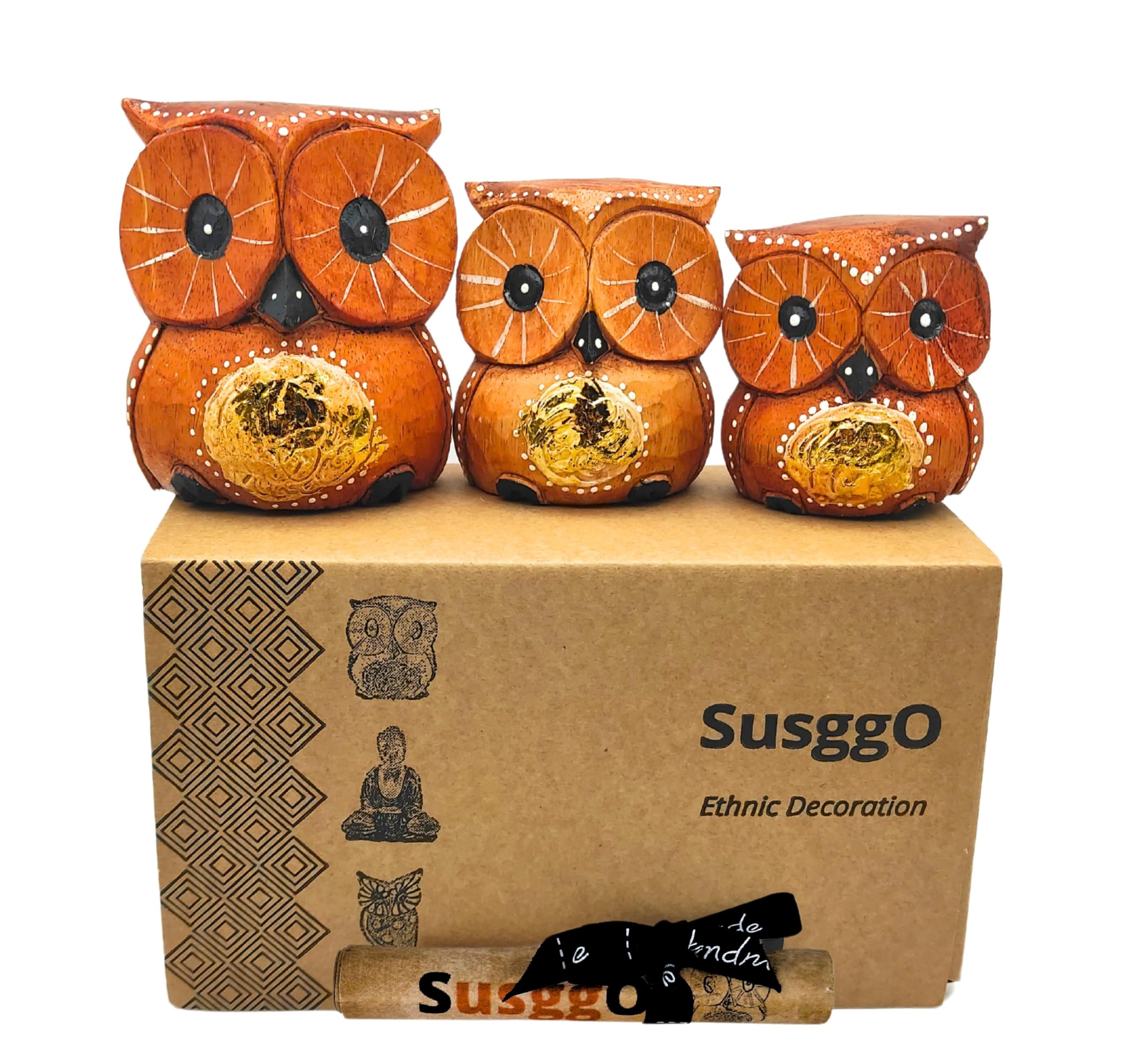 SusggO Set of 3 Decorative Wooden Owls, Decoration, Hand-Carved, Lucky Owl, Craft Idea, Furniture Ornament (Brown, Golden Details)