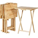 Amazon Basics Classic TV Dinner Folding Trays with Storage Rack - Set of 4, Natural